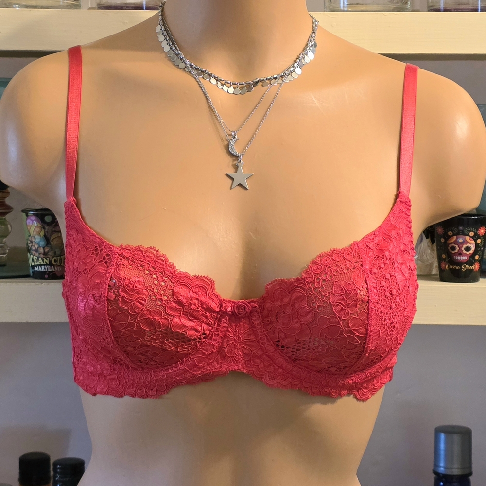 Victoria's Secret Bra Vintage 34-B Red Lace Semi-sheer 2-part Cup Y2K EUC